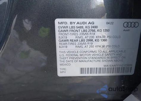 2022 Audi Q5 Premium Plus 45 Tfsi S Line Quattro S Tronic из США, поврежденный, VIN WA1EAAFY1N2103889